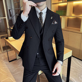 韩版修身西服时尚条纹双排扣西装三件套2410-P275，男装西服，星座1606-1