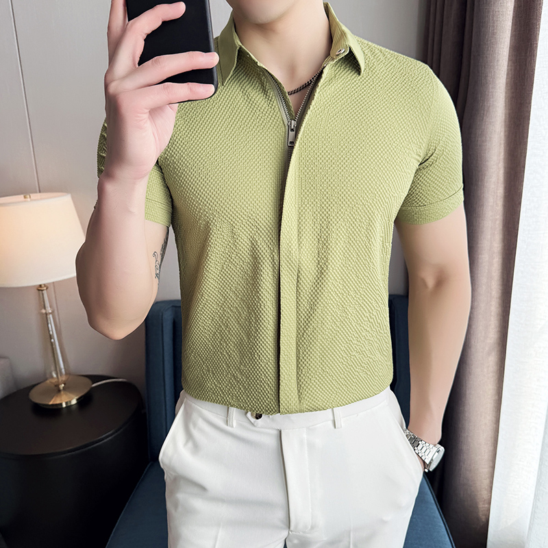 泡泡纱男士短袖拉链衬衫时尚百搭休闲免熨衬衣CS020-P63，商品下架区商品下架区，星座1606-1