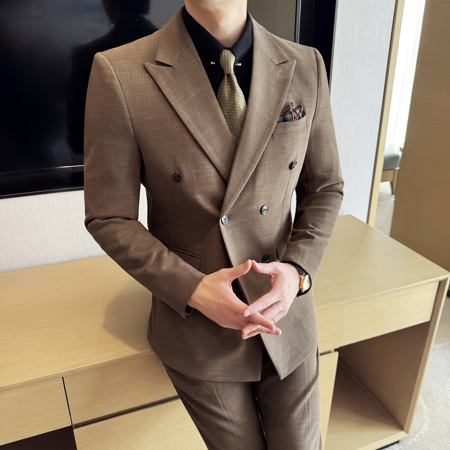 男士商务休闲西服韩版修身竹节纹双排扣西装套装2529-P285，男装西服套装，星座1606-1