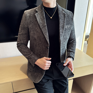 雪尼尔褶皱时尚休闲西装外套男士韩版修身西服DX60-P148图片