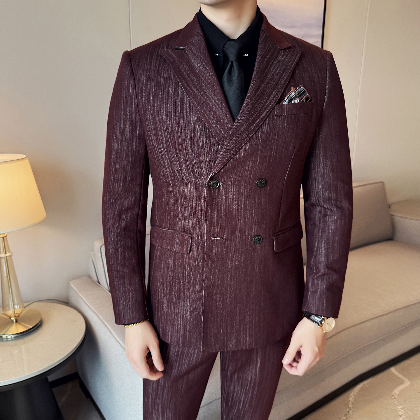 男士商务休闲西服莱赛尔醋酸条纹双排扣西装套装2531-P290，男装西服套装，星座1606-1