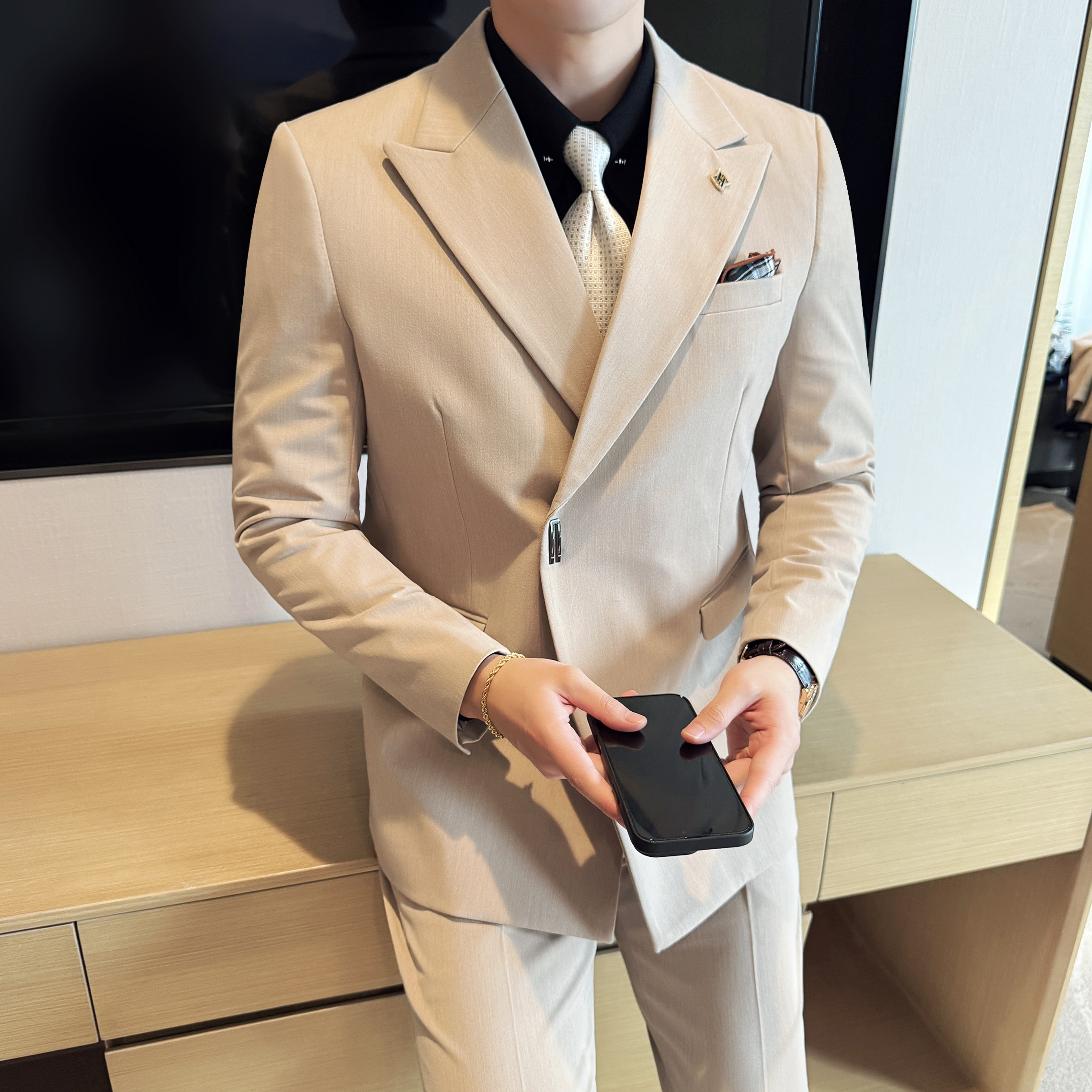 抖音西装潮流简约高级感高定设计感西装三件套2509-P265，男装西服套装，星座1606-1