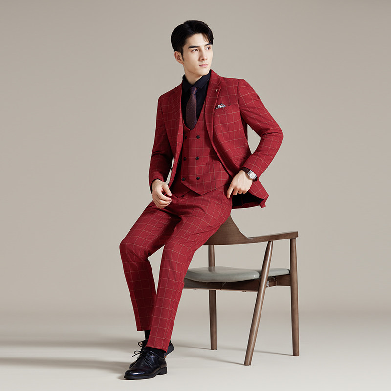 男士商务婚礼西装韩版修身格子西服三件套2520-P280,男装西服,星座1606-1