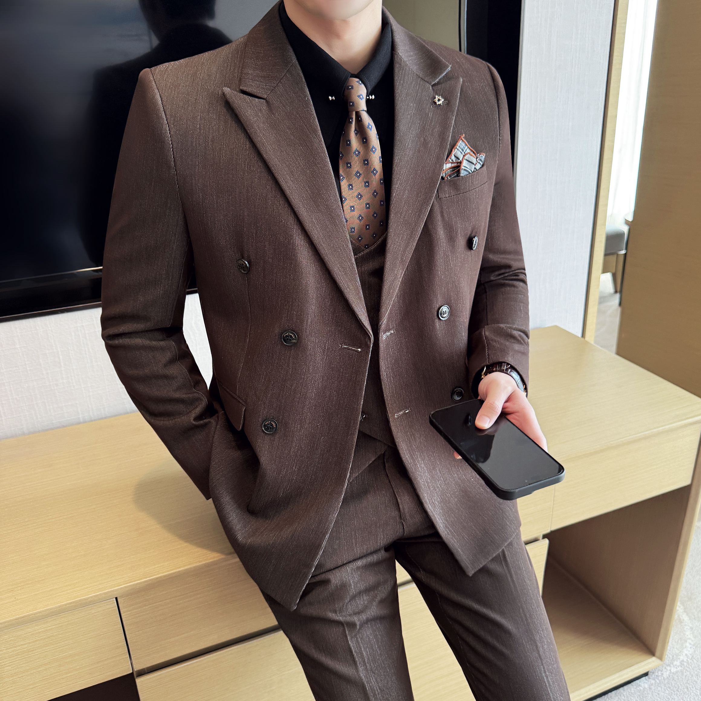 男士双排扣商务休闲西装韩版修身纯色暗纹西服三件套2513-P280，男装西服套装，星座1606-1