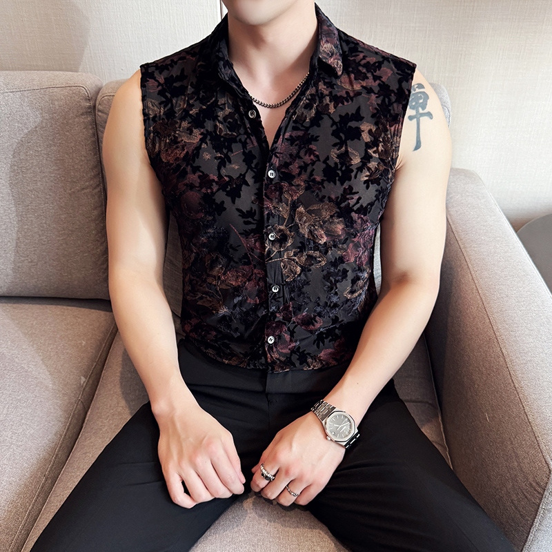 风无袖提花植绒衬衫夏季薄款网纱衬衣背心男CS034-P58，男装背心/马甲，星座1606-1