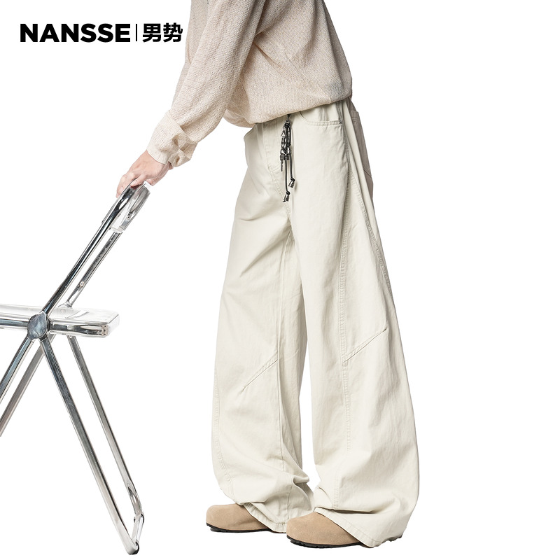 美式解构拼接白色弯刀工装裤男生秋季潮牌宽松阔腿休闲直筒长裤子
