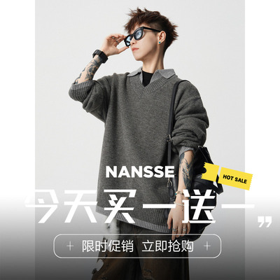 老钱风假两件撞色翻领针织衫男