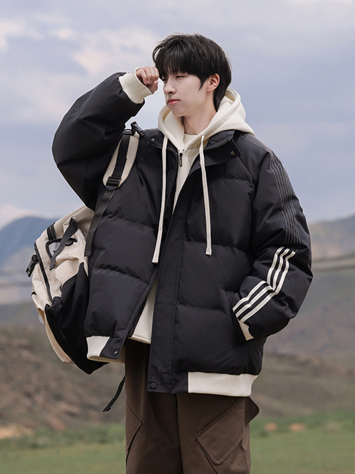 FAKE TWO PIECES OF COTTON CLOTHING MENS WINTER LOOSE CASUAL THICKENED WARM COTTON JACKET JAPANESE TREND HOODED COTTON JACKET