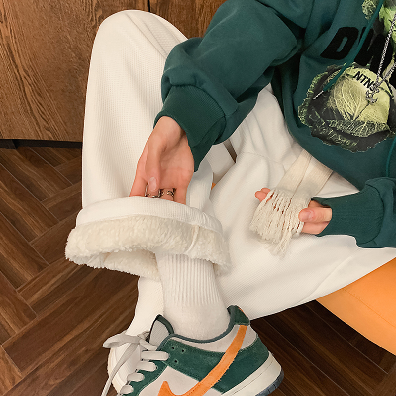 羊羔绒裤子男秋季加绒加厚保暖卫裤直筒宽松大码阔腿运动休闲长裤