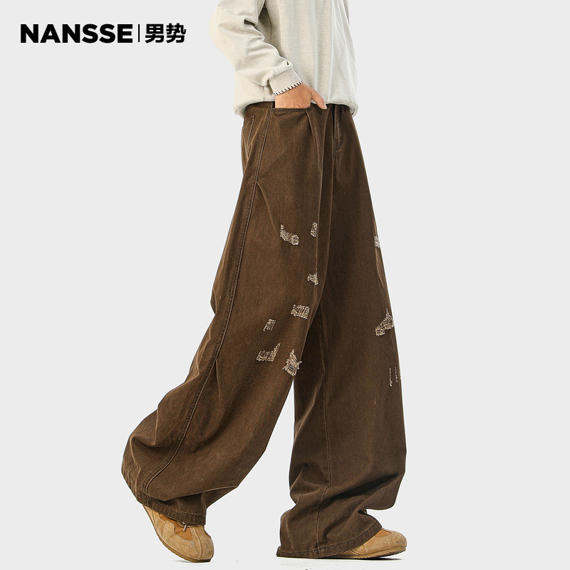 美式复古褶皱直筒工装裤男生秋季