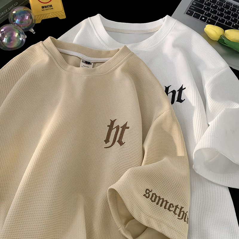 华夫格短袖t恤男款夏季重磅纯棉衣服宽松休闲潮牌刺绣半袖体恤衫