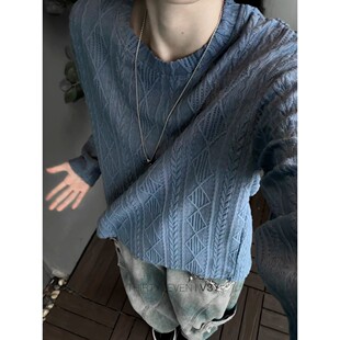 提花镂空针织衫长袖T恤男女薄款正肩针织衫美式百搭圆领套头卫衣