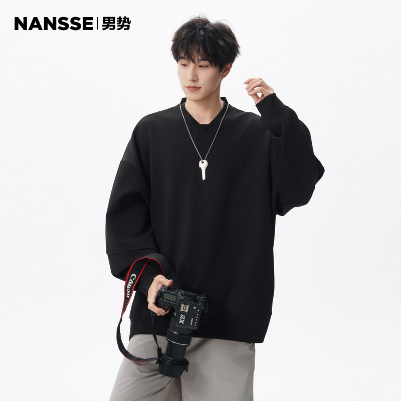 美式棒球领套头卫衣男女2025秋季新款潮牌宽松开叉青少年情侣外套