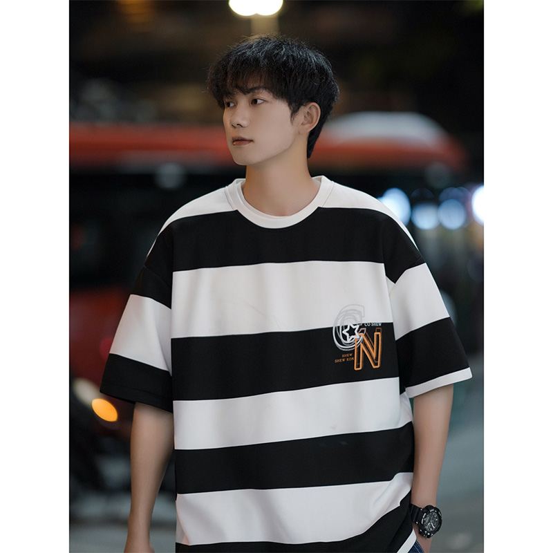 重磅短袖t恤男夏季潮流百搭条纹撞色五分袖宽松学生高街半袖体恤