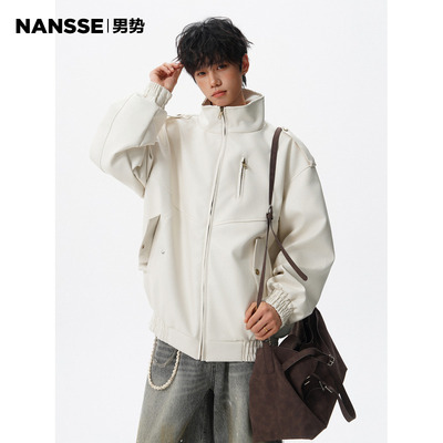 美式荔枝纹多拉链设计皮衣夹克男