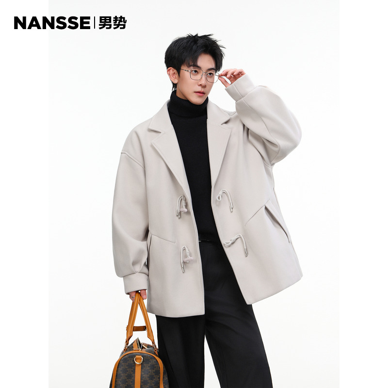 牛角扣设计毛呢大衣男秋冬新款潮牌宽松加棉加厚短款痞帅风衣外套