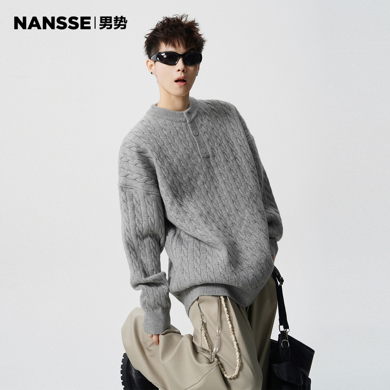 重磅麻花纹半开襟毛衣男冬季新款美式慵懒宽松休闲情侣保暖针织衫