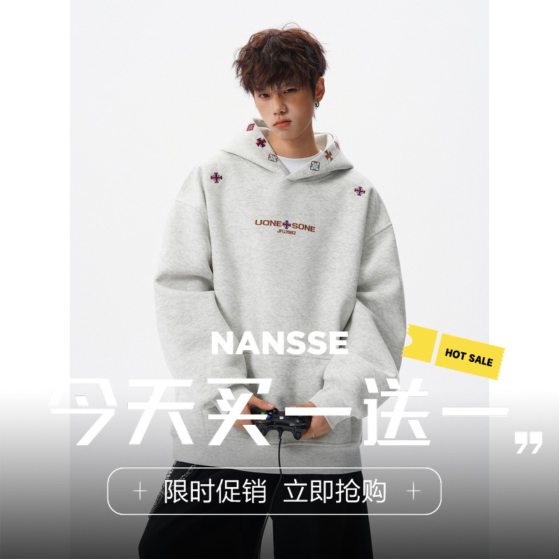 美式重磅刺绣连帽卫衣男女秋冬季