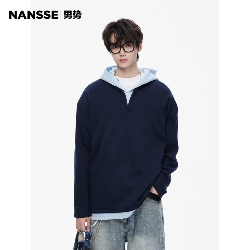 NANSSE假两件V领卫衣男美式复古