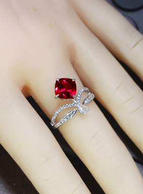 枕形红宝石戒指女925银镀18K铂金
