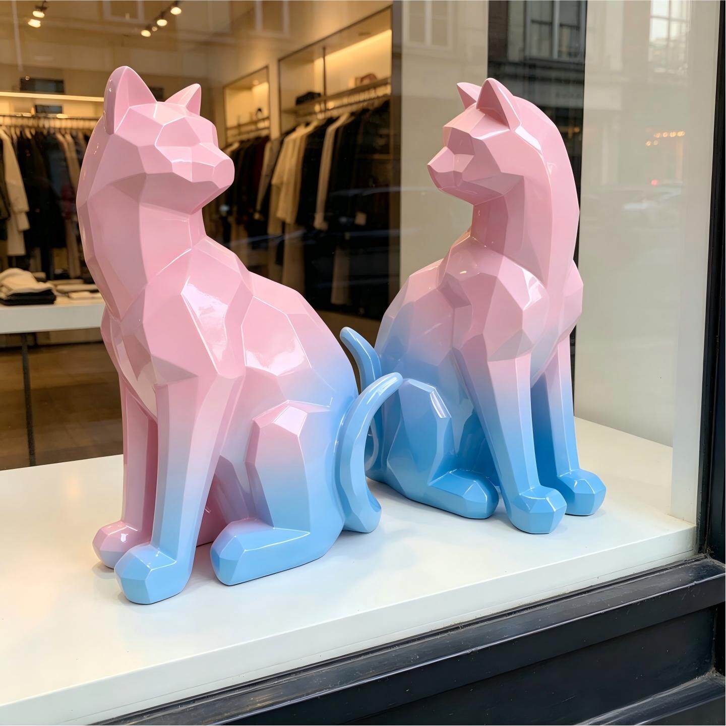 现代简约几何回眸发财猫咪橱窗桌面摆件粉色蓝色渐变艺术家居装饰