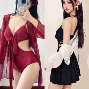 纯欲酒红连体泳衣女罩衫 防晒两件套钢托聚拢性感露腰美背度假三亚