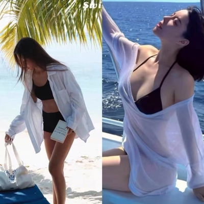 性感纯欲长袖t恤女夏季薄款透明海边上衣小众宽松辣妹防晒罩衫潮