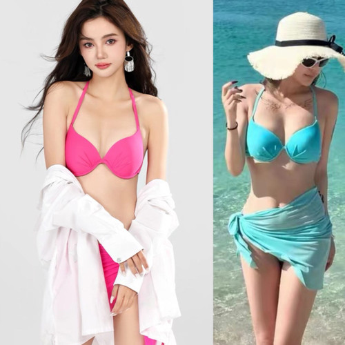 玲睿儿玫红比基尼泳衣女钢托聚拢
