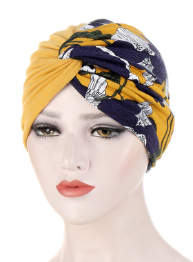 外贸双层双色花布拼接扭扭头巾帽民族包头帽套头帽子 turban lady