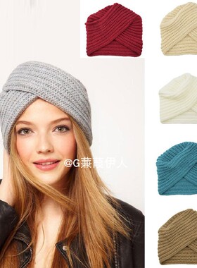 欧美外贸套头毛线帽子头巾帽冬针织包头帽印度帽 lady turban hat