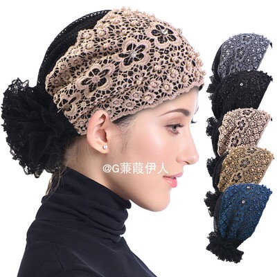 夏季透气蕾丝钉珠镂空盘花头巾帽中东女套头包头帽turban hat cap