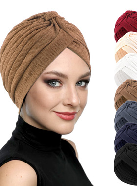 褶皱外贸帽子头巾帽简便套头帽子女lady turban Indian wowen hat
