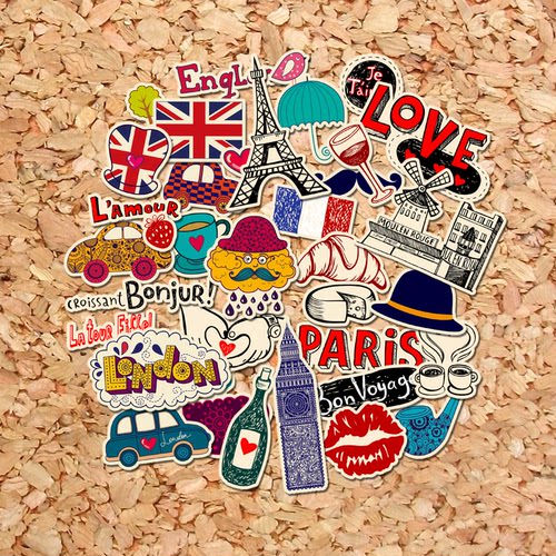 法国英国伦敦风情可爱头盔贴纸画