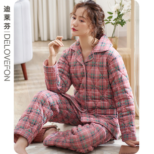 睡衣女冬季三层夹棉加绒加厚纯棉冬天大码棉袄家居服冬可外穿套装