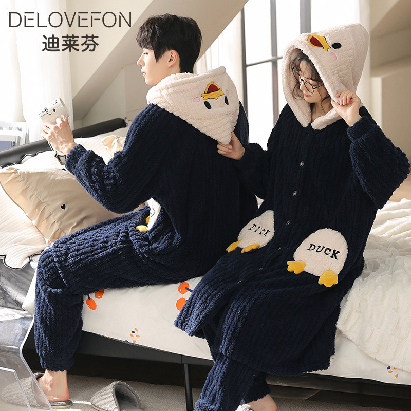 [北极绒提花]情侣睡衣冬季珊瑚绒秋冬加厚加绒男女睡袍家居服套装