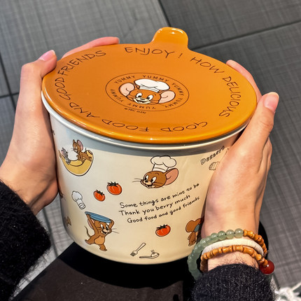 正版猫和老鼠带盖陶瓷碗生日礼物女生卡通学生党宿舍泡面碗大容量