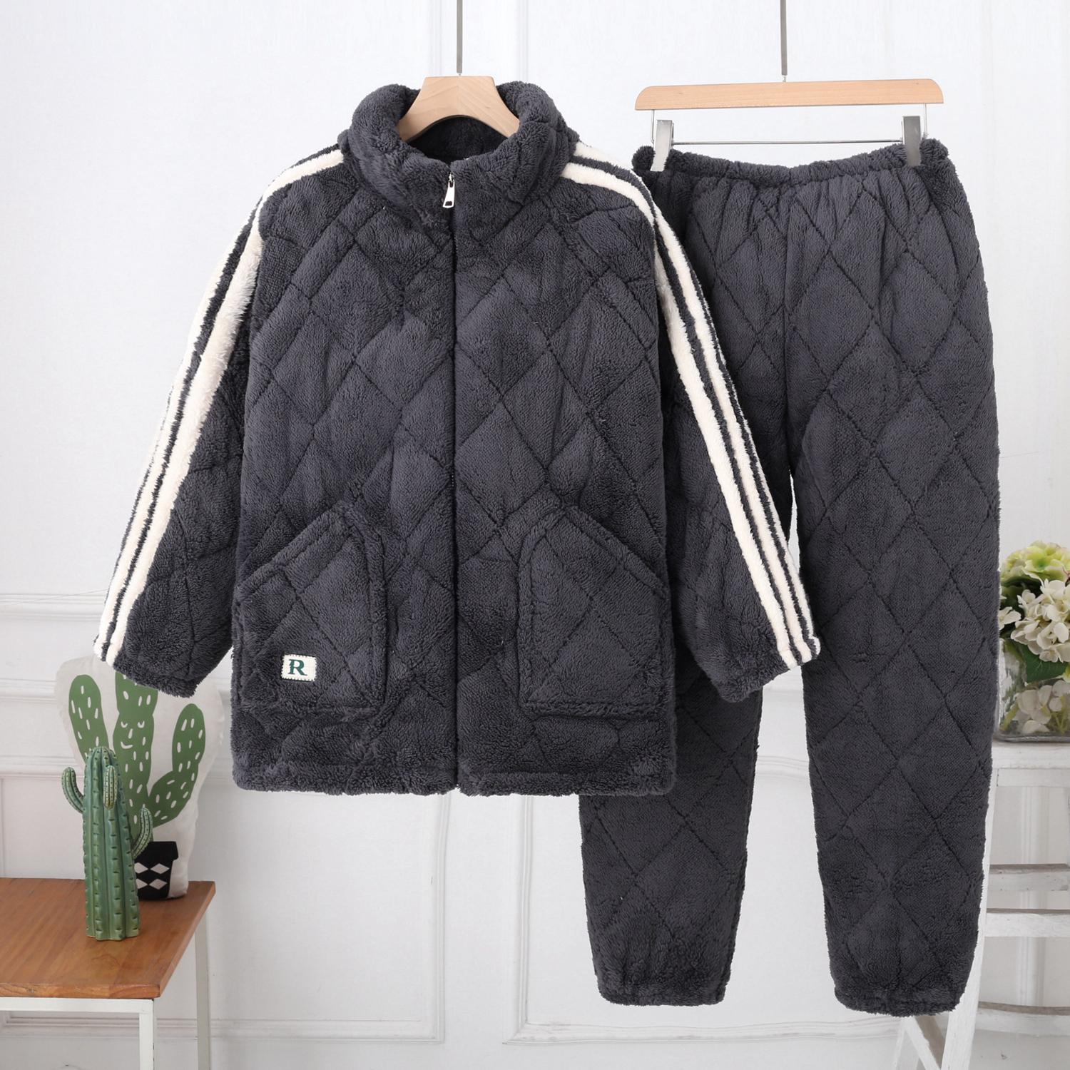 睡衣男士加厚拉链立领三层加厚可外穿家居服套装加绒时尚简约冬季