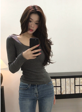 陈椿儿 纯欲显瘦U领长袖内搭打底衫设计感上衣