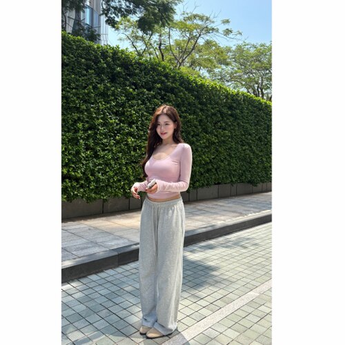 陈椿儿 灰色低腰直筒卫裤百搭休闲运动显瘦