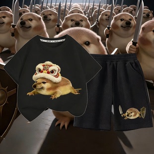 我的刀盾狗衣服恶搞笑抽象纯棉短袖t恤短裤套装2026夏季儿童衣服