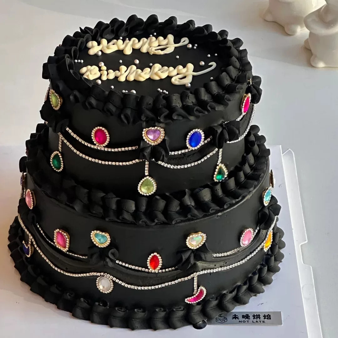 高级感独特黑色系蛋糕装饰彩色钻石水晶宝石链条女神生日甜品装扮