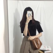 t恤女2020新款 夏装 韩版 小高领短袖 宽松显瘦纯色五分半袖 黑色上衣