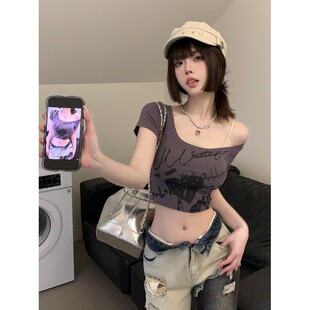 一字肩短袖 辣妹紧身短款 锁骨纯欲上衣 露肩印花露脐t恤女美式 夏季