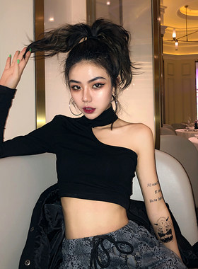 欧美个性ins挖肩修身露脐T恤女显