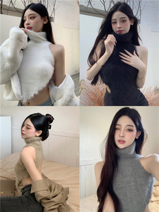 辣妹高领背心吊带冬季性感纯欲无袖不规则毛毛露背短款别致上衣女