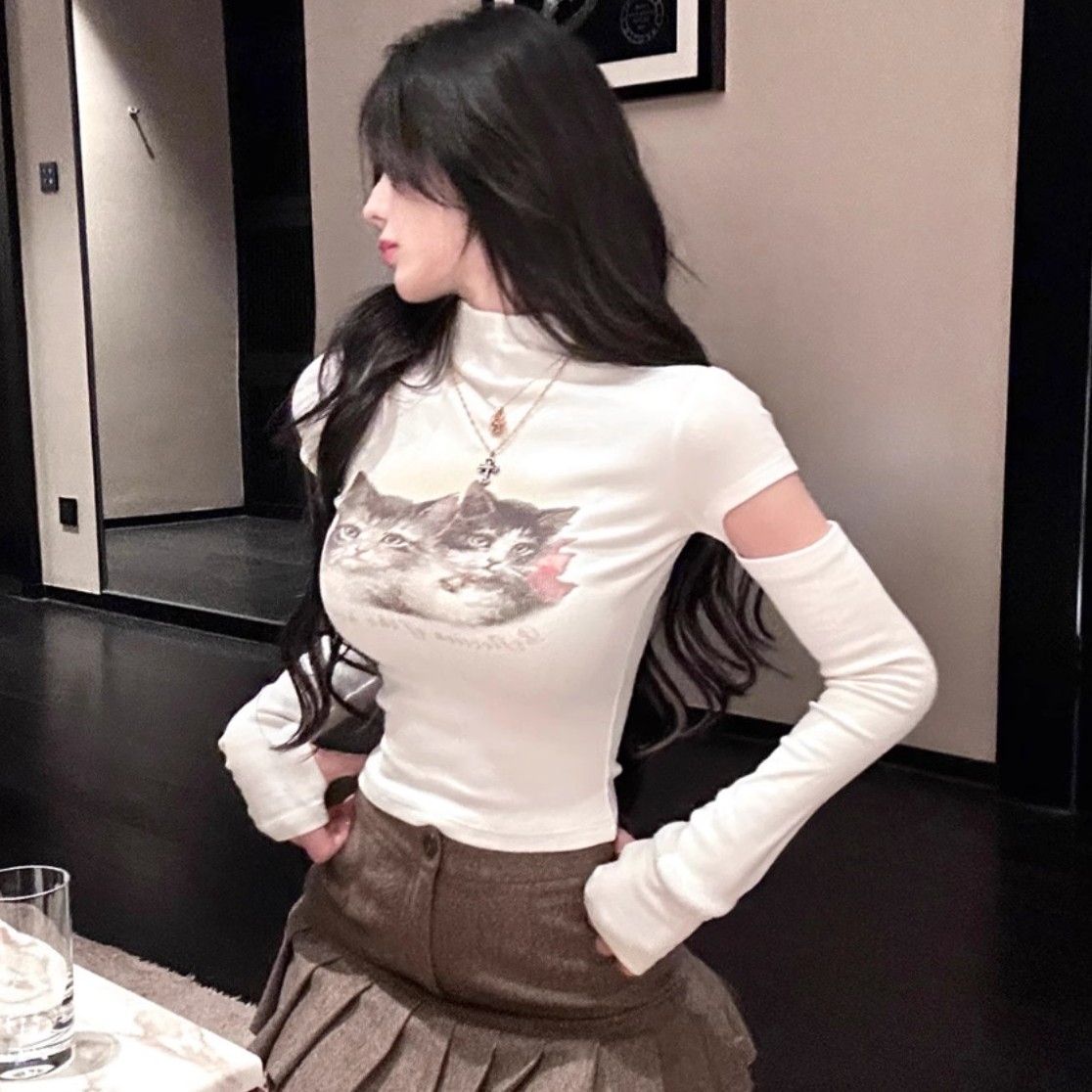 辣妹猫咪镂空半高领紧身短款长袖