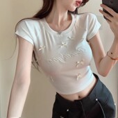 蝴蝶结刺绣花减龄甜美短袖 紧身上衣 正肩T恤女小个子纯欲辣妹短款