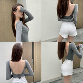 春秋ins网红主播显瘦紧身性感大露背短款 t恤女百搭健身上衣潮 长袖