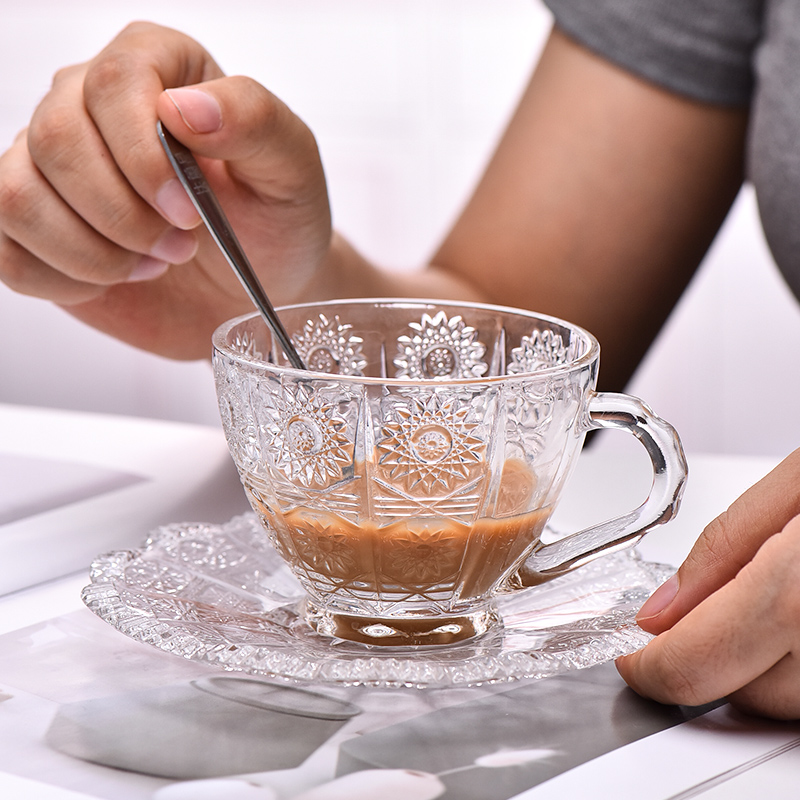 第2件玻璃早餐杯牛奶杯家用办公室刻花咖啡杯零食点心碟套装