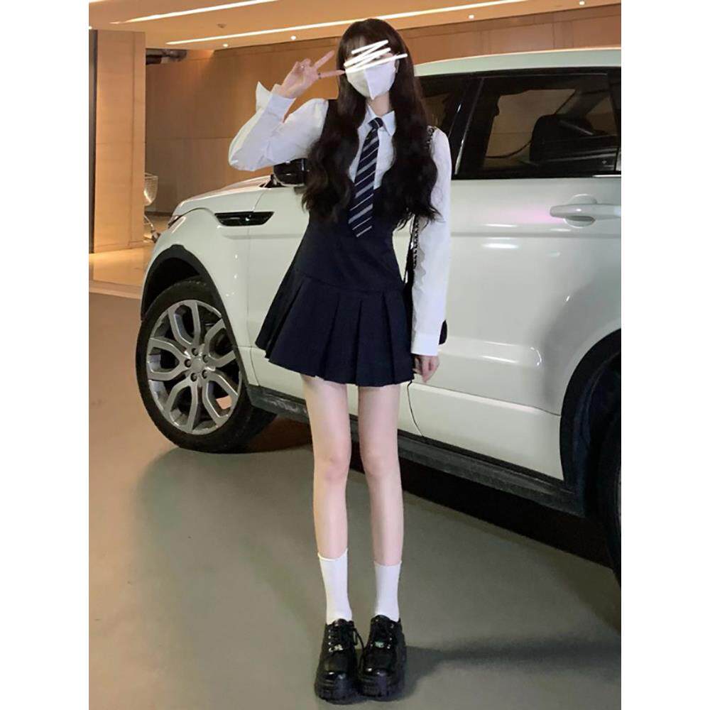学院风套装女秋季新款长袖连衣裙白色衬衫领带收腰显瘦百褶短裙子
